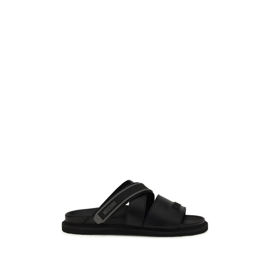 Moschino Black Calf Leather Bos Taurus Flat Sandals