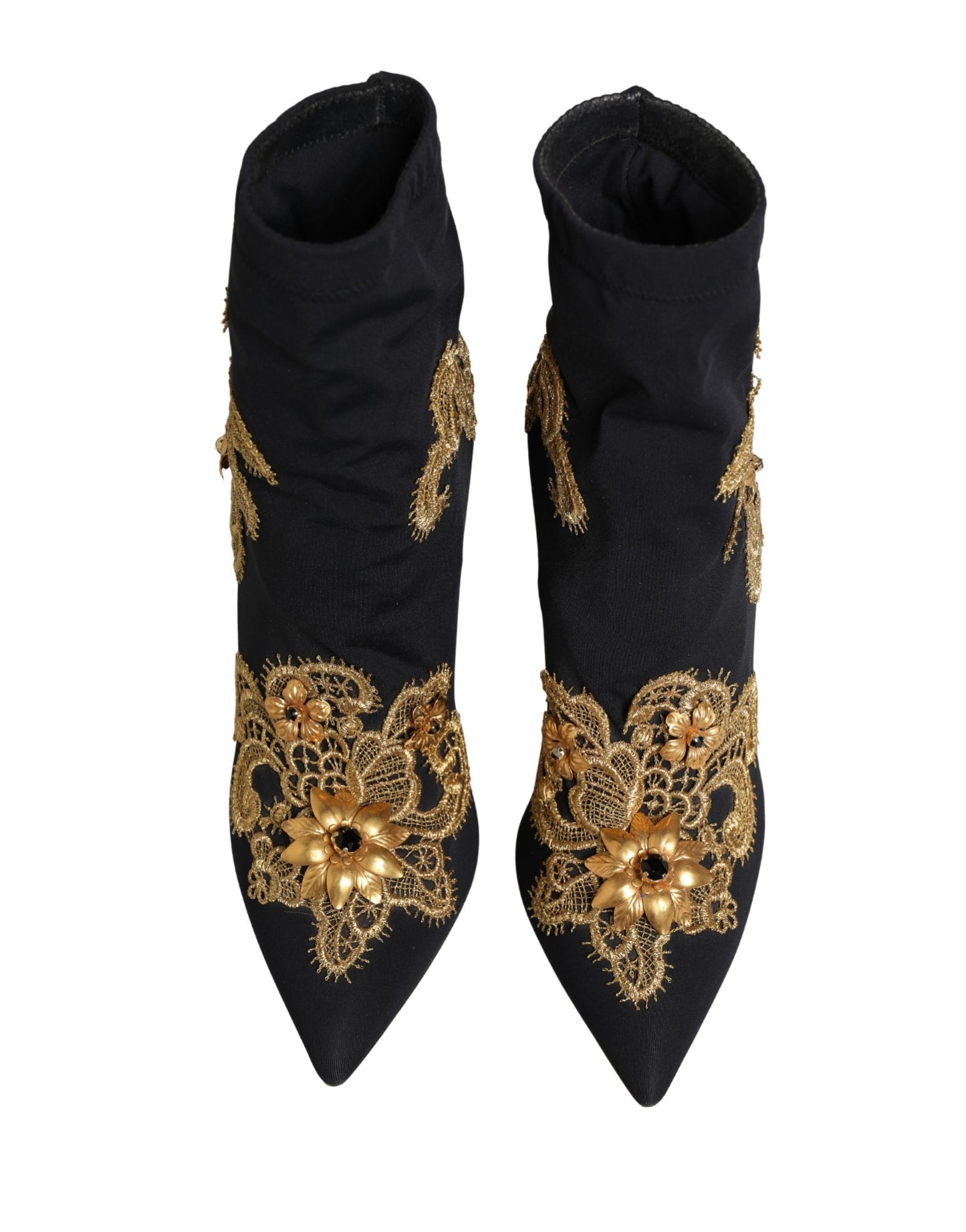 Dolce & Gabbana Black Gold Embroidery Crystal Boots Shoes