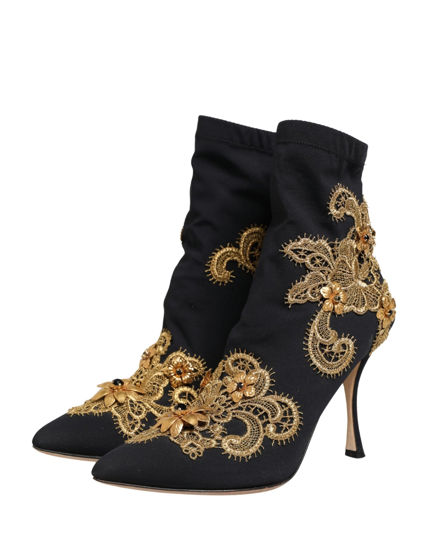 Dolce & Gabbana Black Gold Embroidery Crystal Boots Shoes