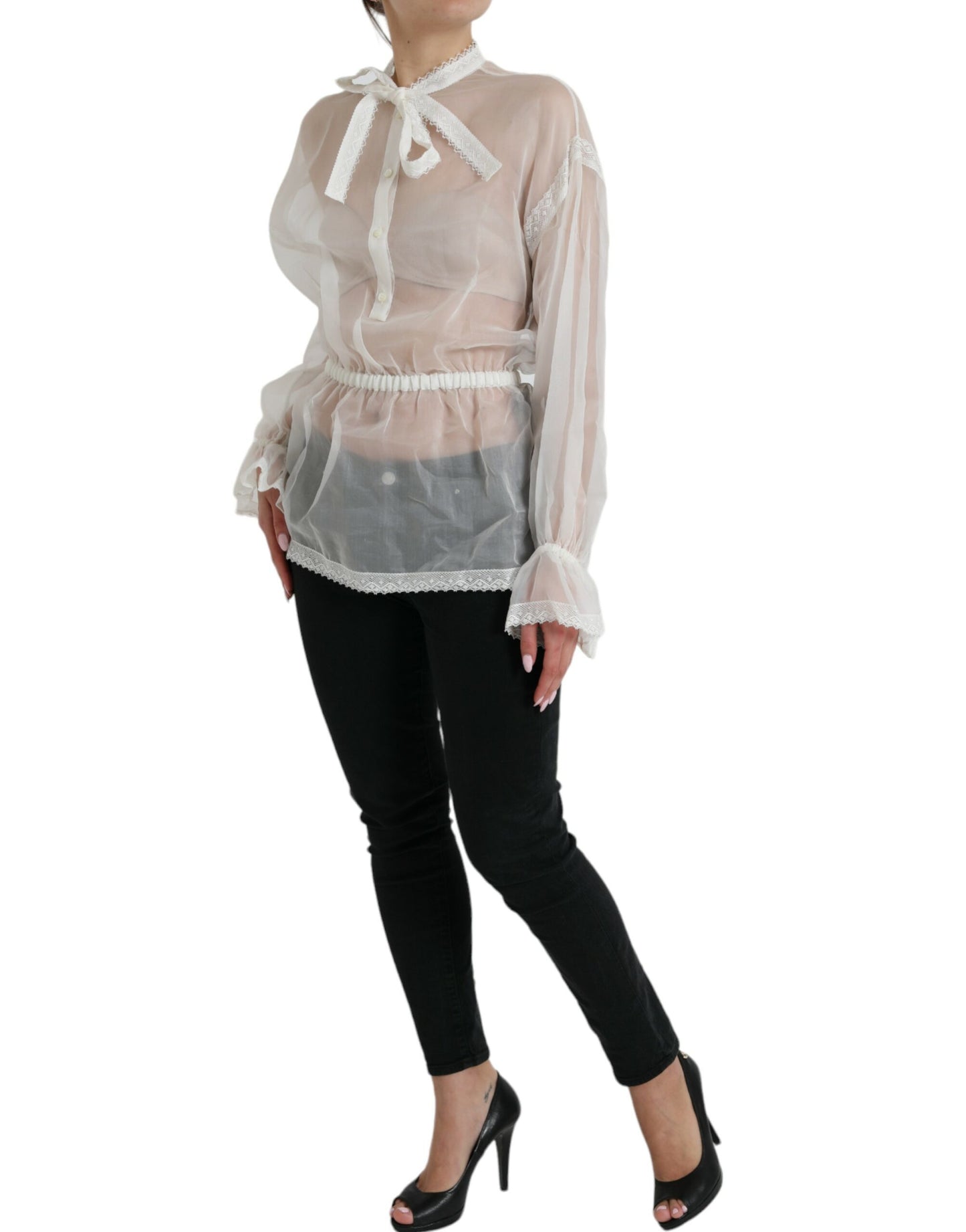 Dolce & Gabbana White Silk Long Sleeves Ascot Collar Top