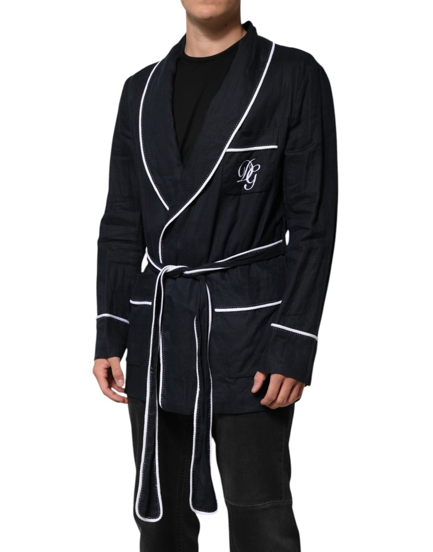 Dolce & Gabbana Dark Blue DG Embroidery Jacket Robe Blazer