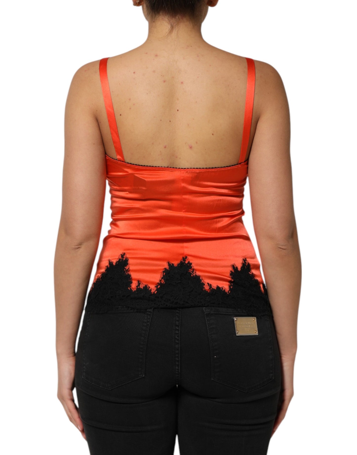 Dolce & Gabbana Red Black Lace Trim Silk Sleeveless Tank Top