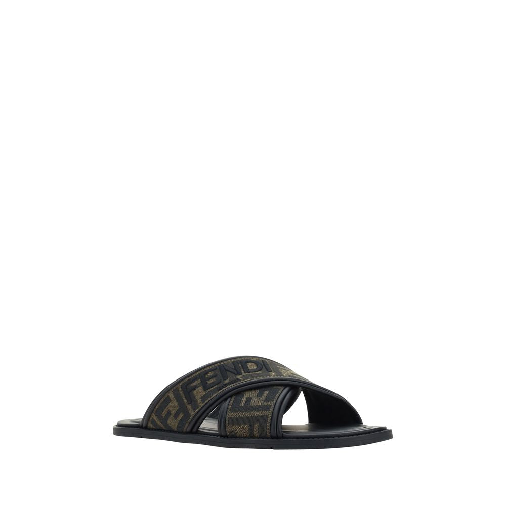 Fendi Black Calf Leather Bos Taurus Flat Sandals